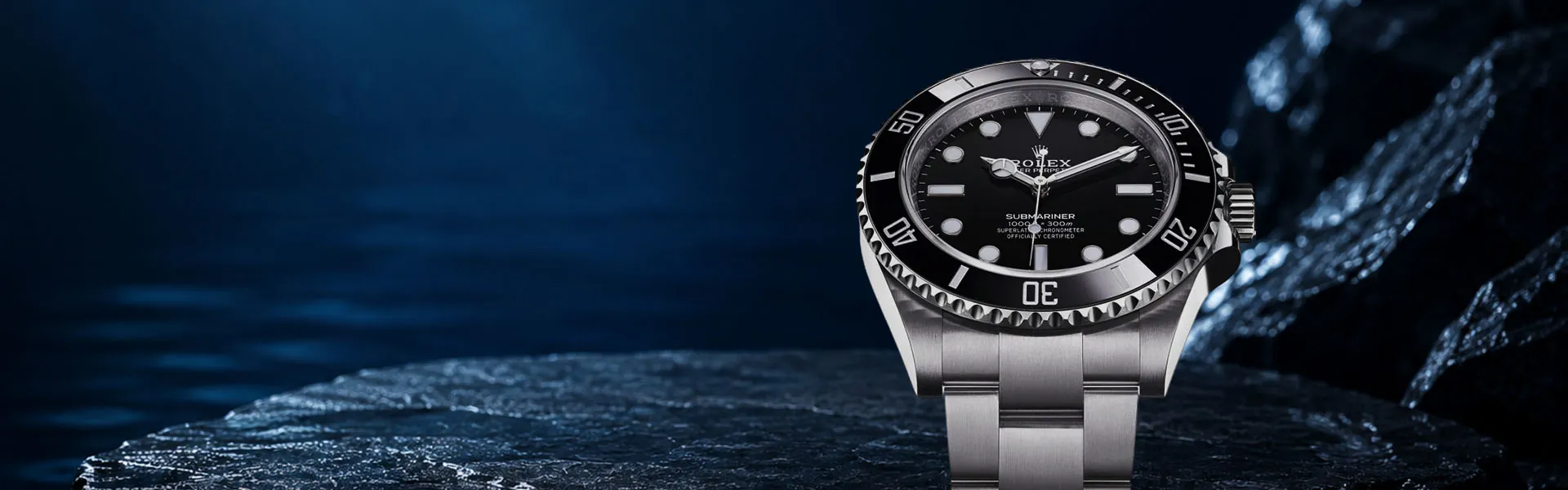 Rolex Submariner watch against a deep blue ocean-inspired background, showcasing its iconic dive design and sleek metallic finish.slider_item_Qvlk51