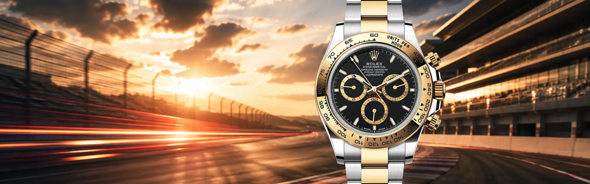 Rolex Daytona watch against a sunset racetrack backdrop, highlighting its iconic chronograph design and sporty luxury style.slider_item_LLXCWW