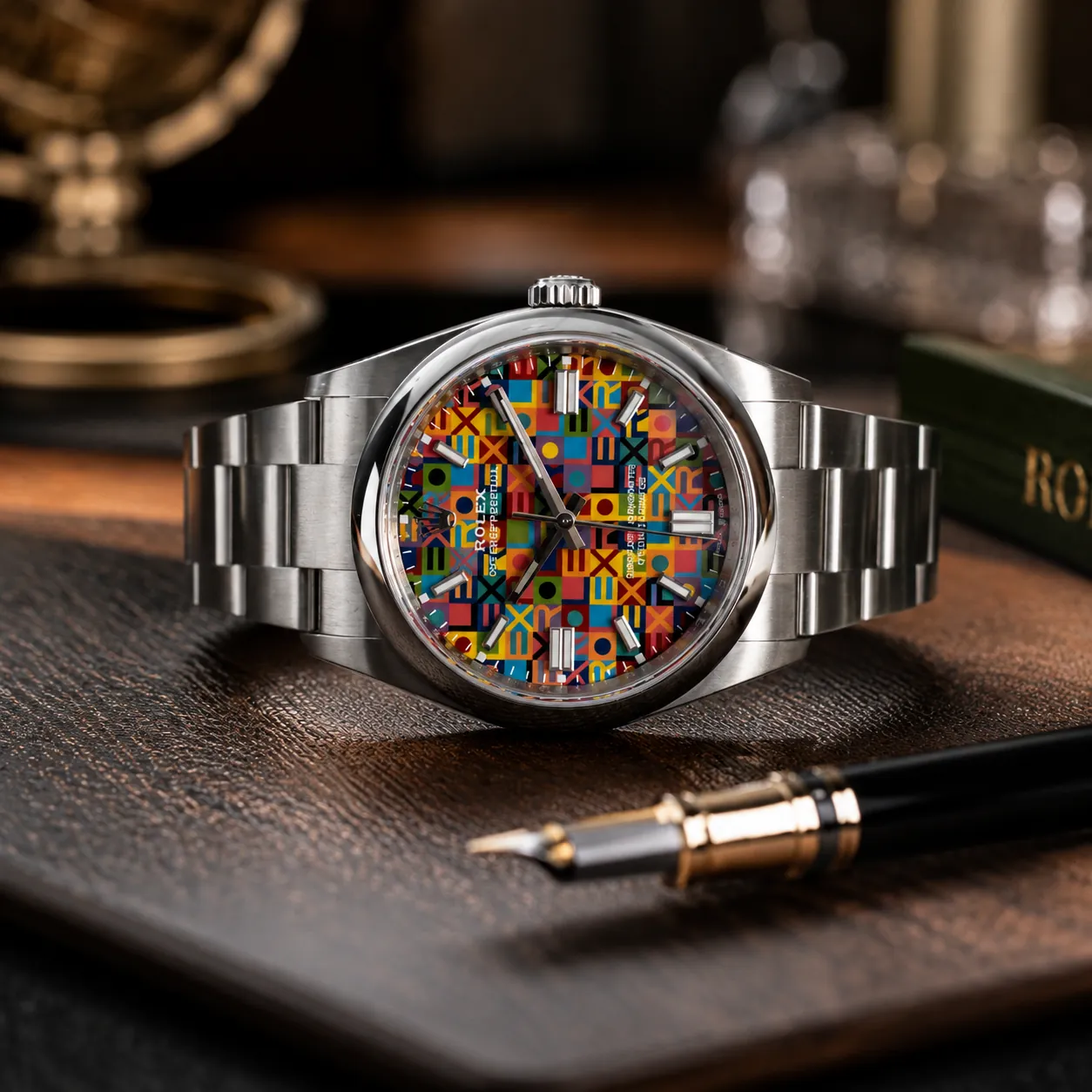 Colorful Rolex Oyster Perpetual watch with a vibrant multicolor dial displayed on a luxury wooden desk alongside a fountain pen in an elegant office setting.