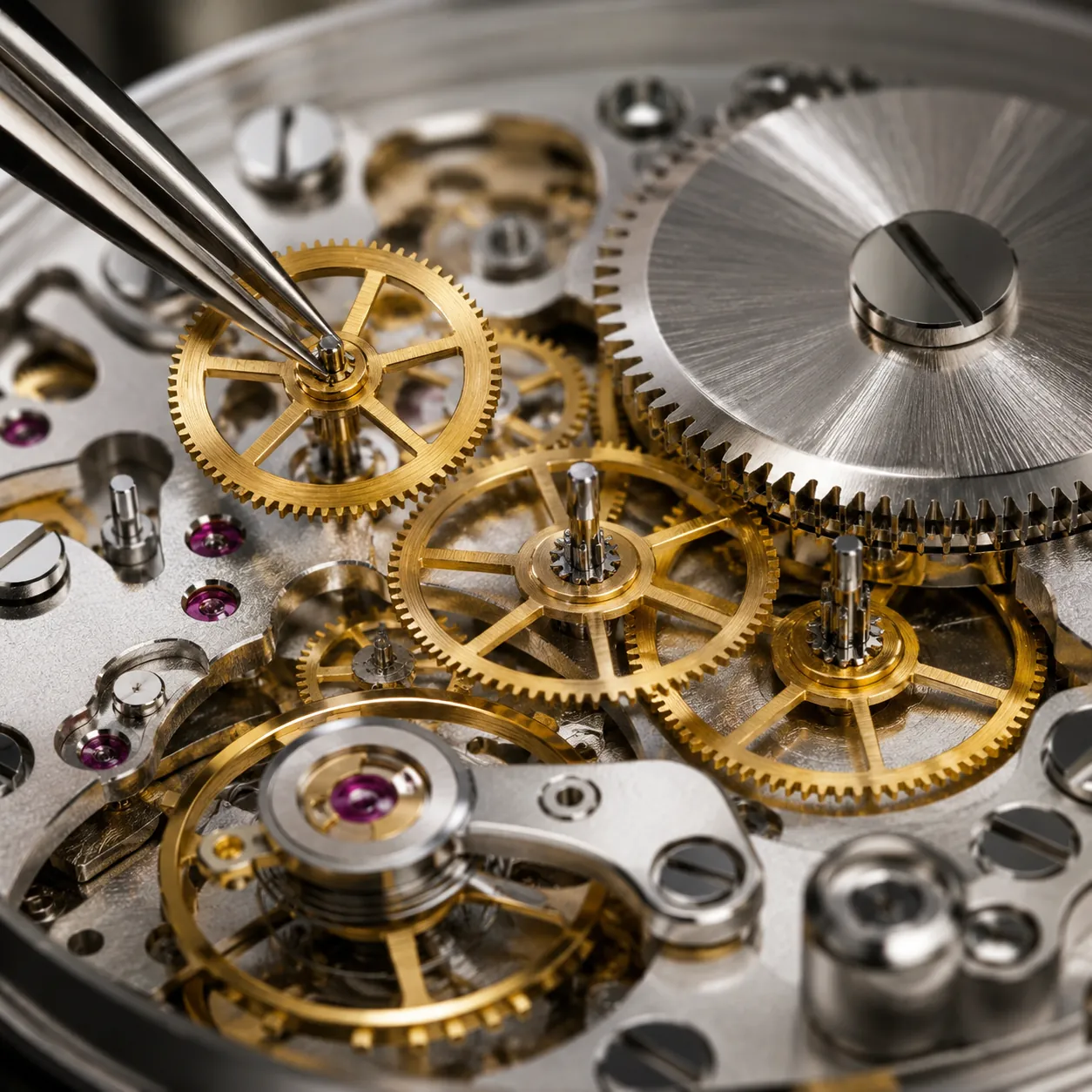 Luxury mechanical watch movement with intricate gold gears, precision components, and fine watchmaking craftsmanship in a macro close-up view.