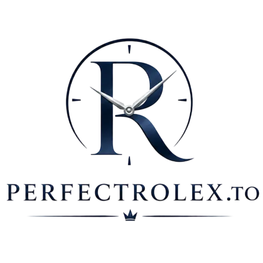 PerfectRolex.to minimalist luxury watch logo with navy blue PR monogram, clock hands and transparent background