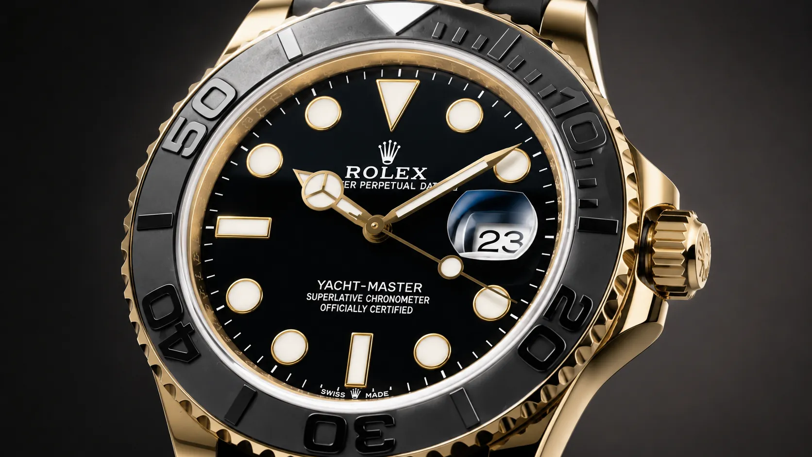 Rolex Yacht-Master close-up with a black dial, gold case, date magnifier showing 23, and dark studio background.