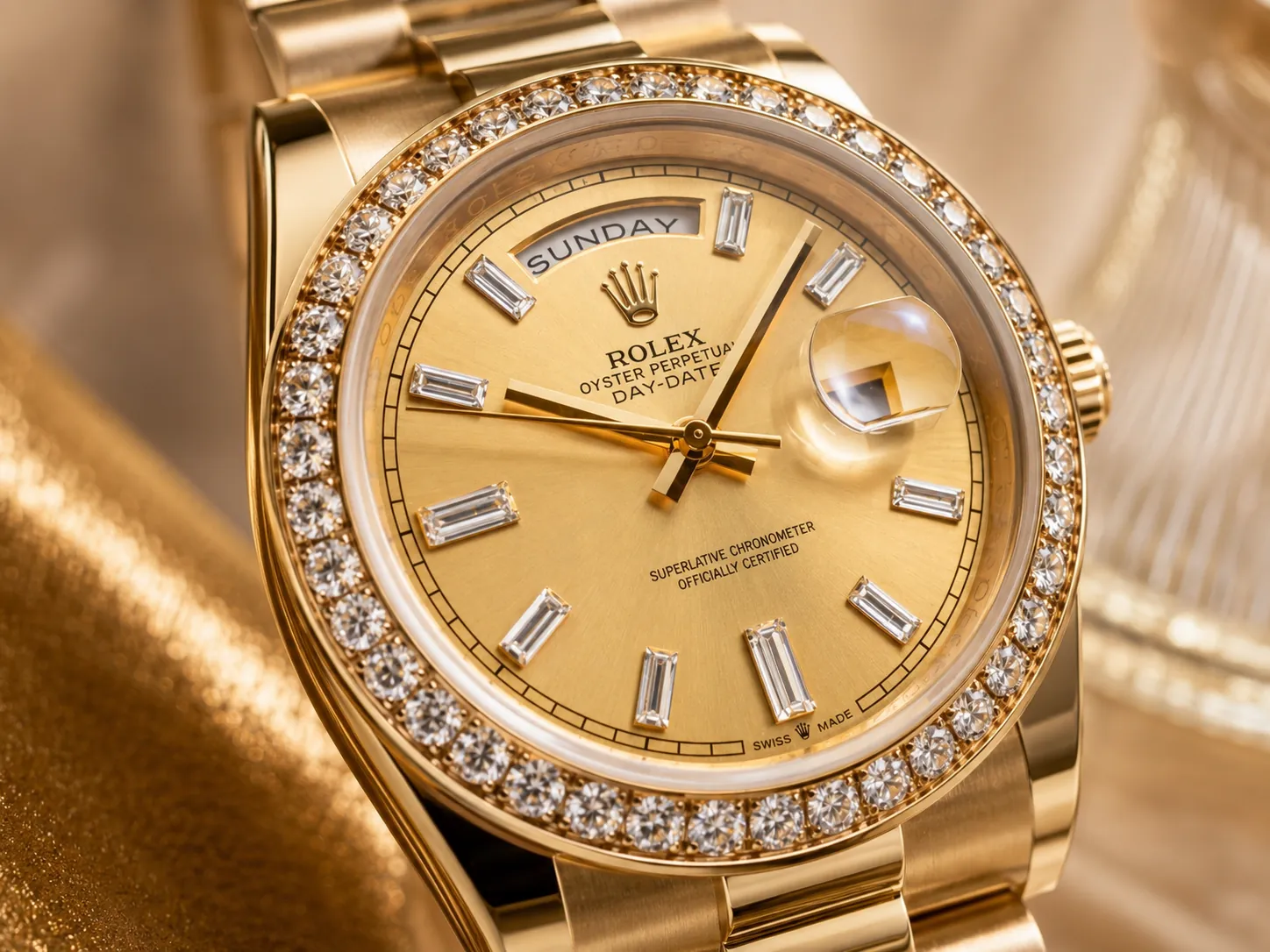 Rolex Day-Date gold watch close-up product photo with diamond bezel, champagne dial, baguette hour markers and magnified date window