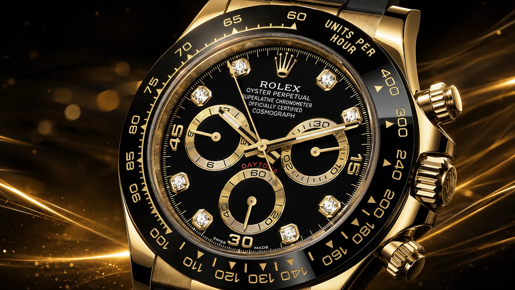 Close-up illustration of a gold Rolex Daytona watch with black dial, diamond markers, and chronograph subdials.