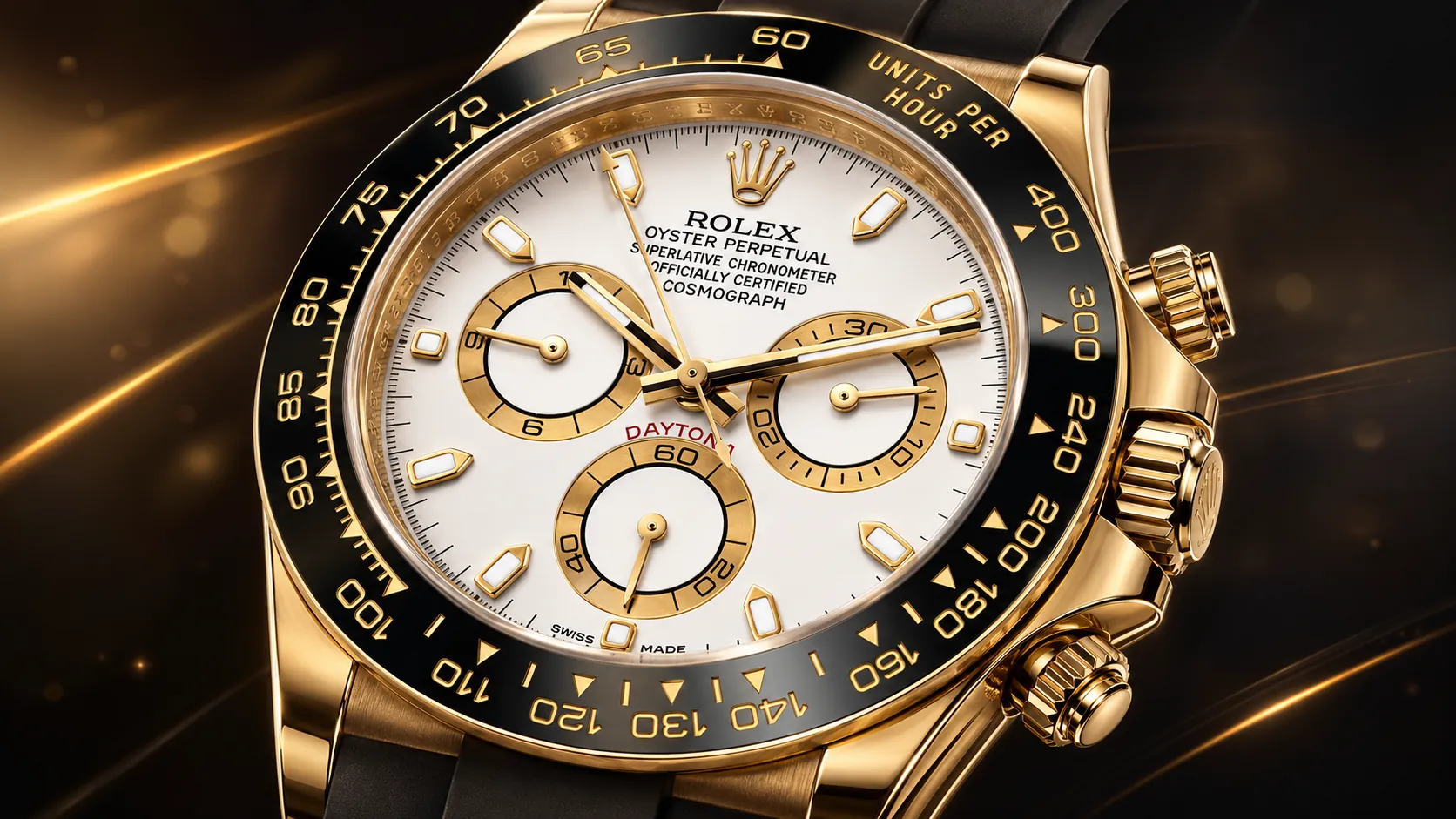 Close-up illustration of a gold Rolex Daytona dial with white face, black bezel, and chronograph subdials.