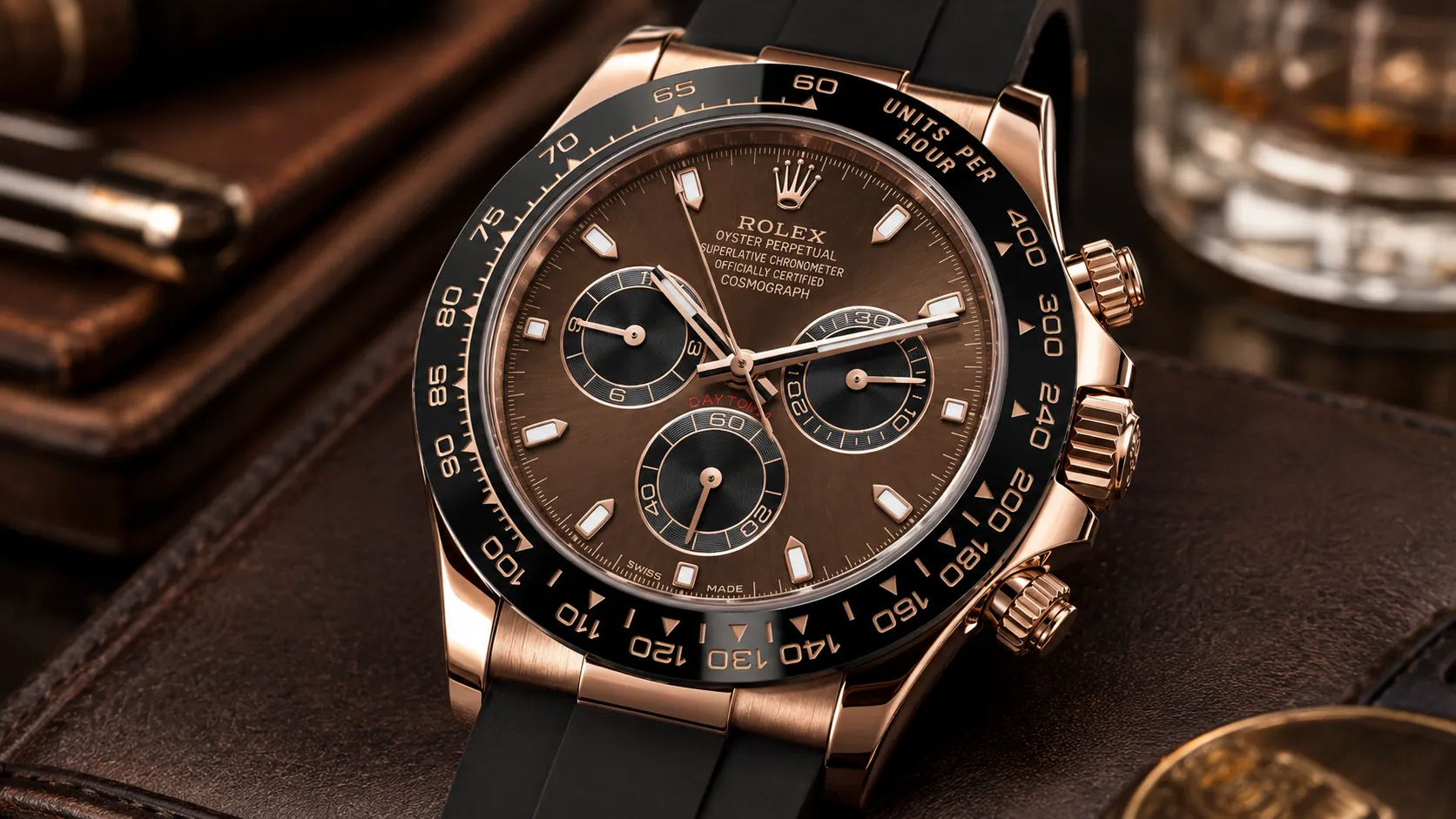 Rose gold Rolex Daytona watch close-up on a leather surface with brown dial, black bezel, and chronograph subdials.