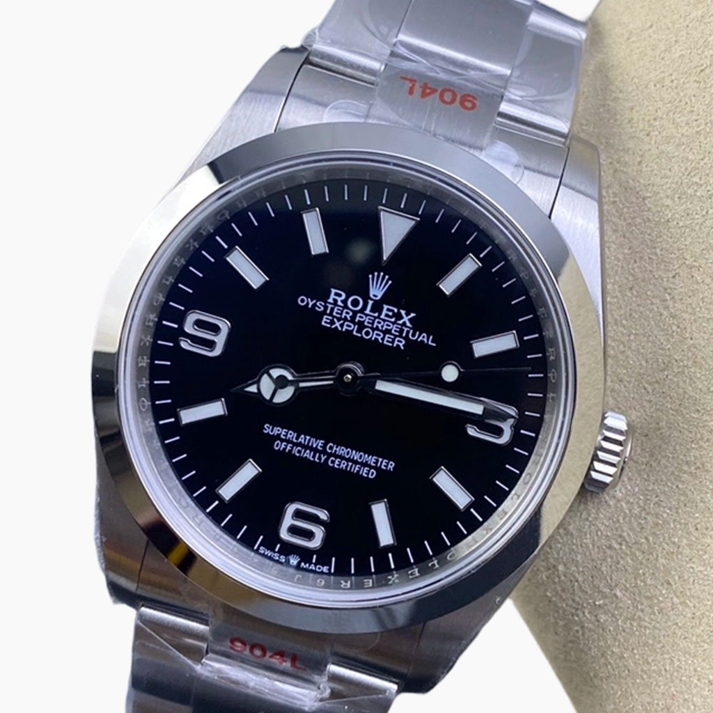 Rolex Explorer black dial watch with 3-6-9 markers and stainless steel Oyster bracelet