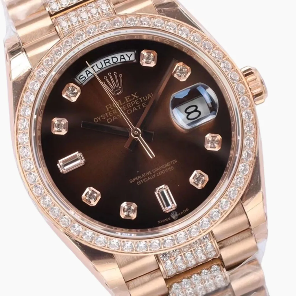 Rolex Day-Date Everose gold chocolate dial watch with diamond bezel, diamond hour markers, day-date display, Cyclops date lens, and diamond President bracelet.