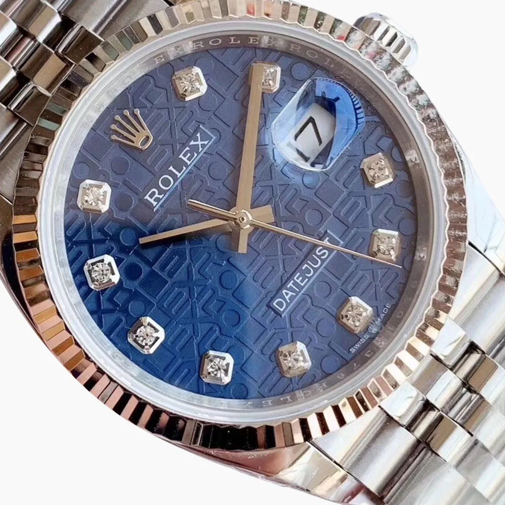 Rolex Datejust watch with blue textured dial, diamond hour markers, fluted bezel, Jubilee bracelet and magnified date window