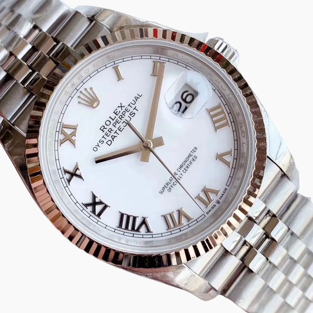 Rolex Oyster Perpetual Datejust watch with white Roman numeral dial, fluted bezel, Jubilee bracelet and magnified date window