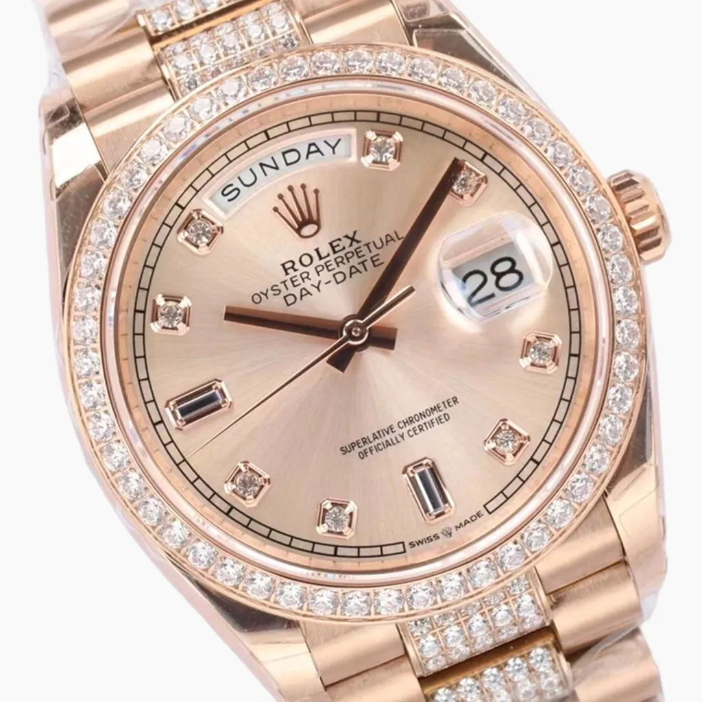 Rolex Oyster Perpetual Day-Date rose gold diamond watch with champagne pink dial, diamond bezel, day display and date window