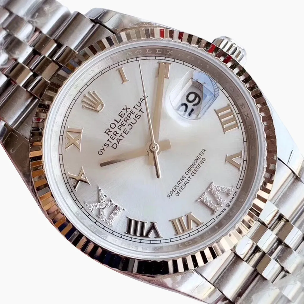 Rolex Oyster Perpetual Datejust watch with silver Roman numeral dial, fluted bezel, Jubilee bracelet and magnified date window