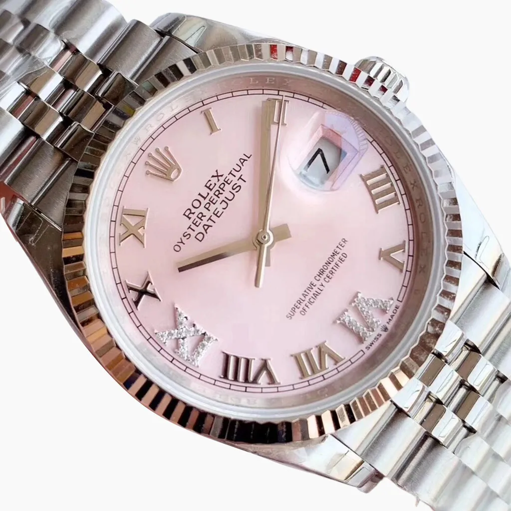 Rolex Oyster Perpetual Datejust watch with pink Roman numeral dial, fluted bezel, Jubilee bracelet and magnified date window