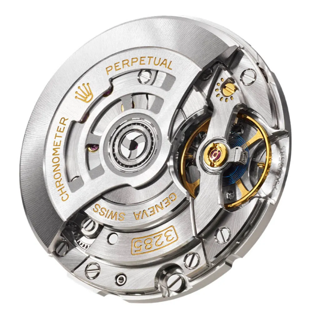 Rolex Caliber 3285 automatic movement close-up with Perpetual rotor, Geneva Swiss engraving, balance wheel and jewel details