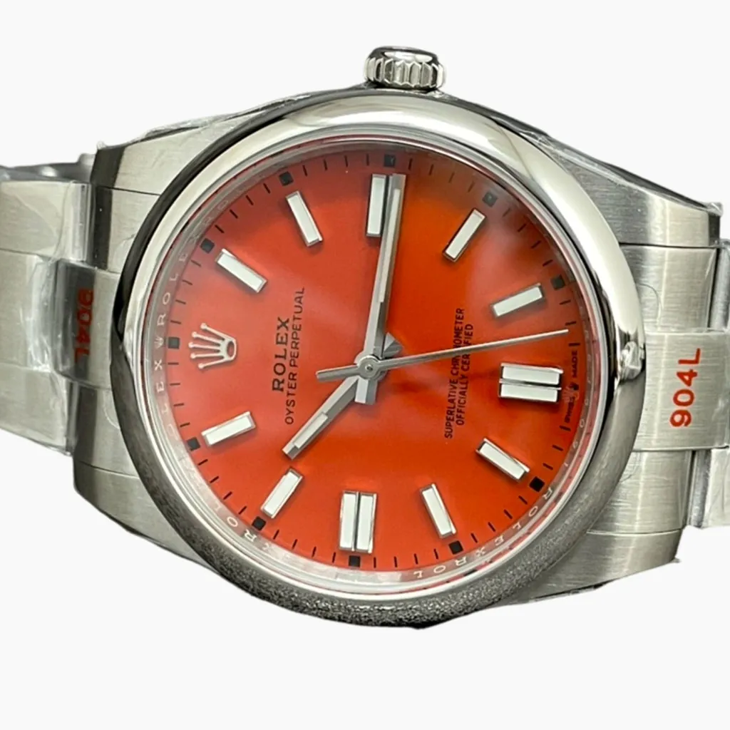 Rolex Oyster Perpetual watch with orange dial, silver baton hour markers, smooth steel bezel and Oyster bracelet