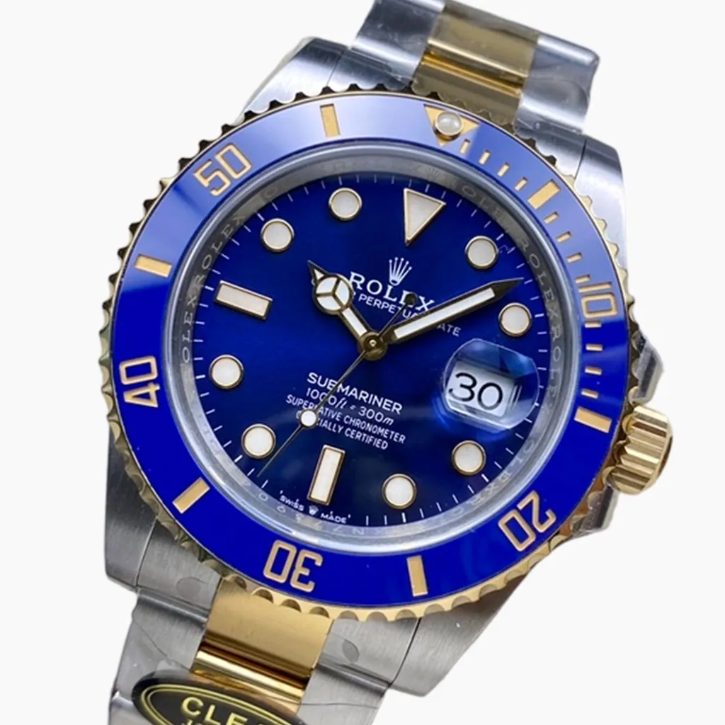 Rolex Submariner Date watch with blue dial, blue bezel, gold-tone accents, magnified date window and two-tone Oyster bracelet