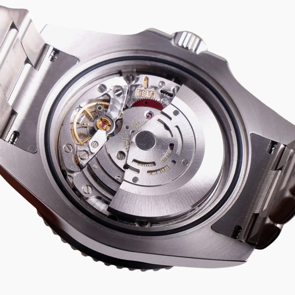Rolex automatic mechanical movement close-up with open caseback, brushed rotor, balance wheel, gears and stainless steel watch case
