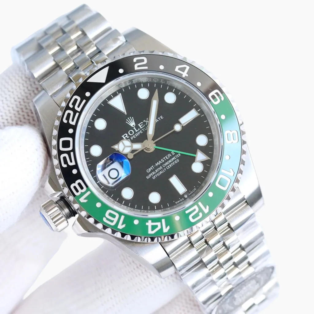 Rolex GMT-Master II Sprite watch with black dial, green and black 24-hour bezel, Jubilee bracelet and magnified date window