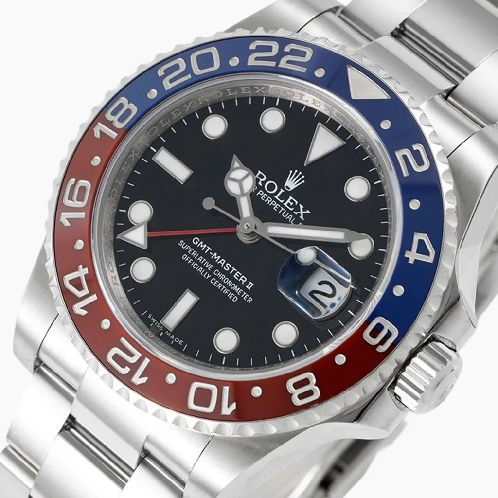 Rolex GMT-Master II Pepsi watch with black dial, red and blue 24-hour bezel, Oyster bracelet and magnified date window