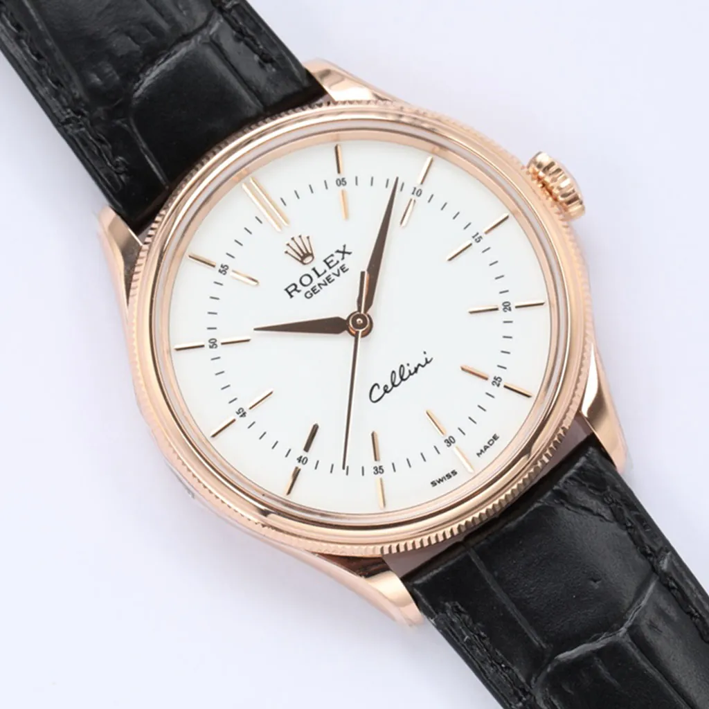 Rolex Cellini rose gold dress watch with white dial, slim hour markers, black leather strap, and classic elegant design