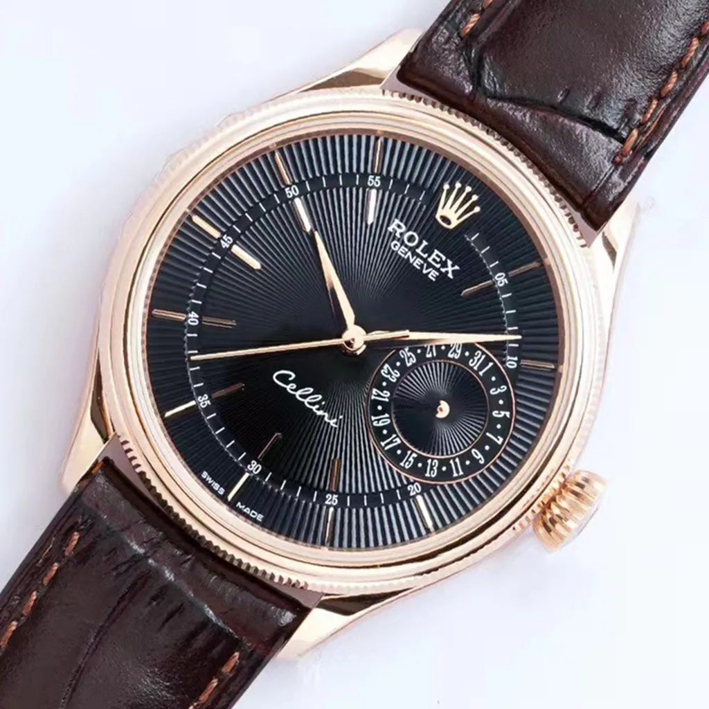 Rolex Cellini Date luxury watch with black guilloch&eacute; dial, rose gold case, and brown leather strap.