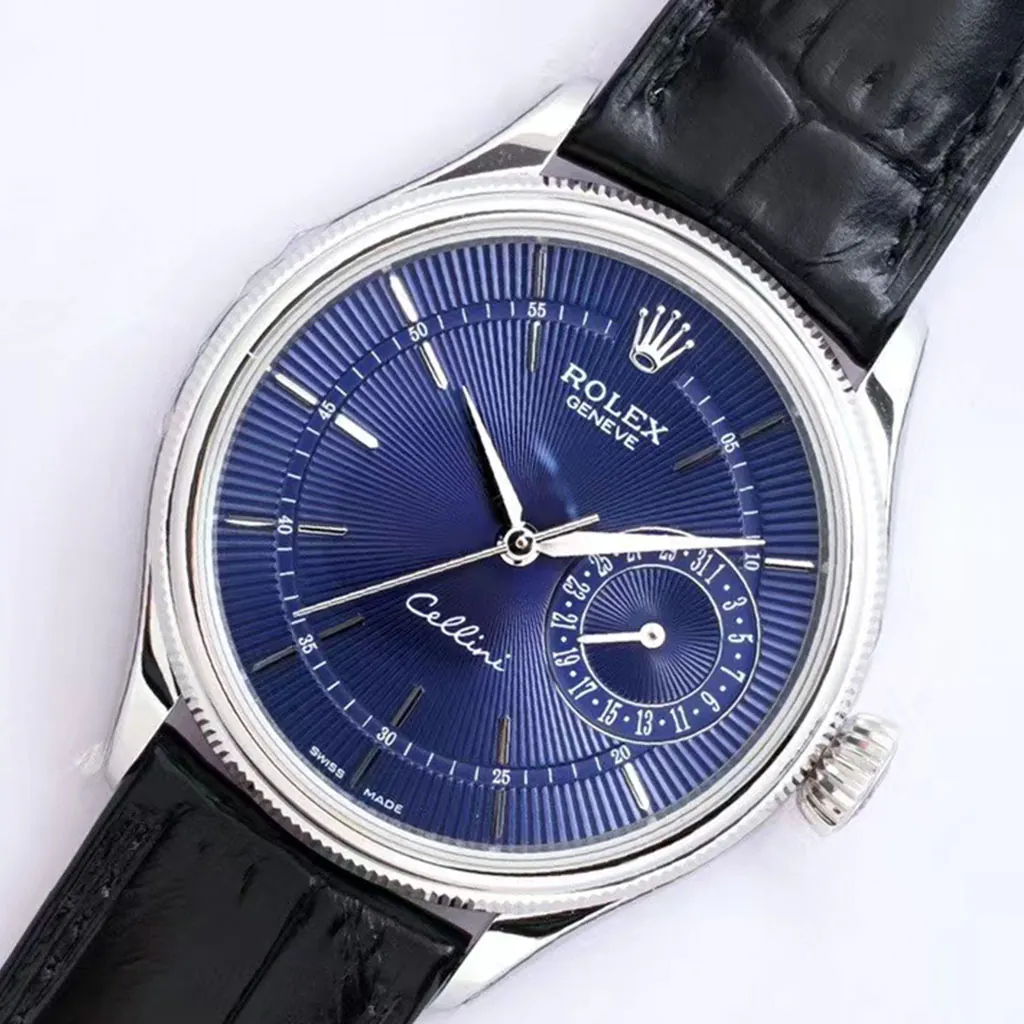 Rolex Cellini Date blue guilloche dial watch with date subdial, silver case, fluted bezel, and black leather strap