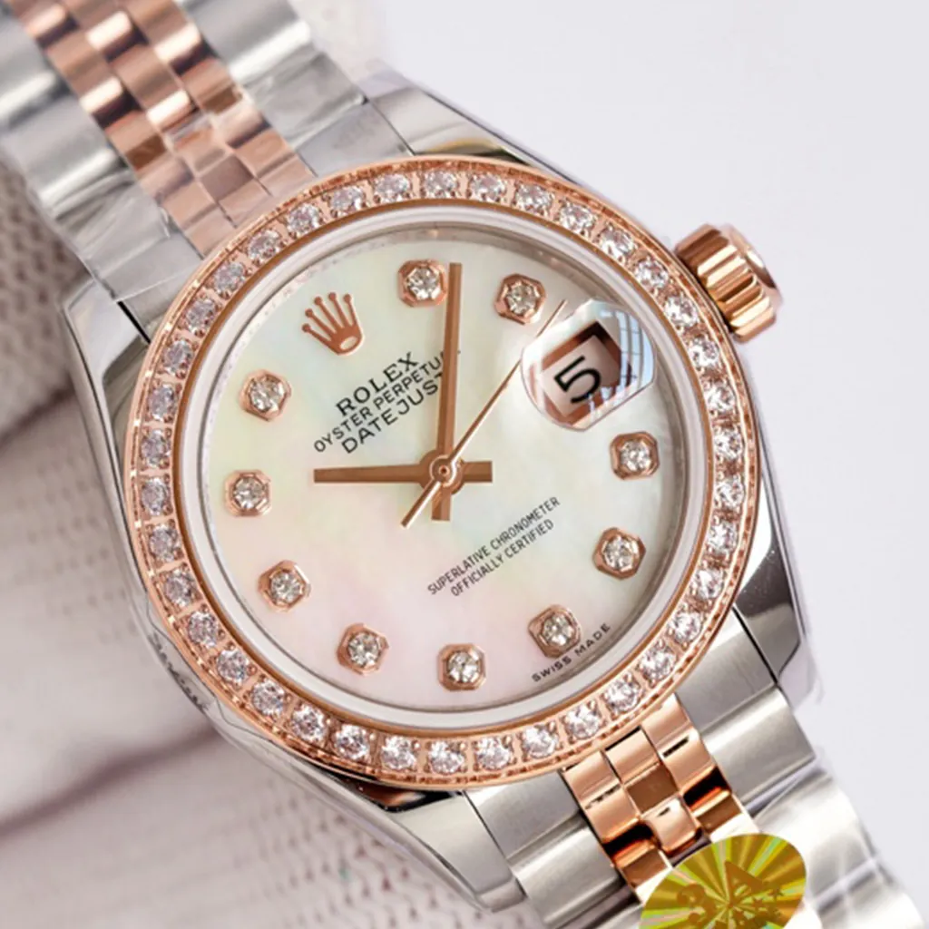 Rolex Datejust ladies watch with mother-of-pearl dial, diamond bezel, rose gold accents, and two-tone Jubilee bracelet.
