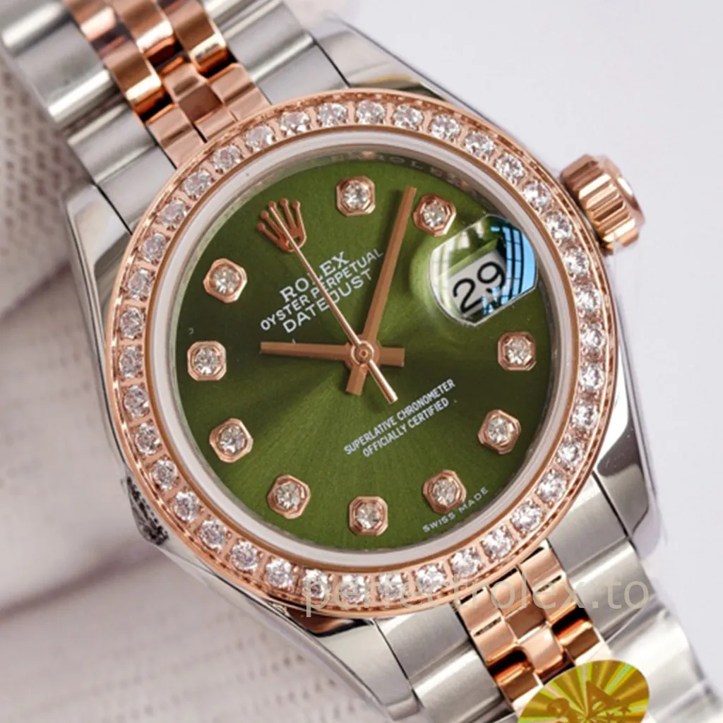 Rolex Datejust ladies watch with green dial, diamond bezel, rose gold accents, and two-tone Jubilee bracelet.