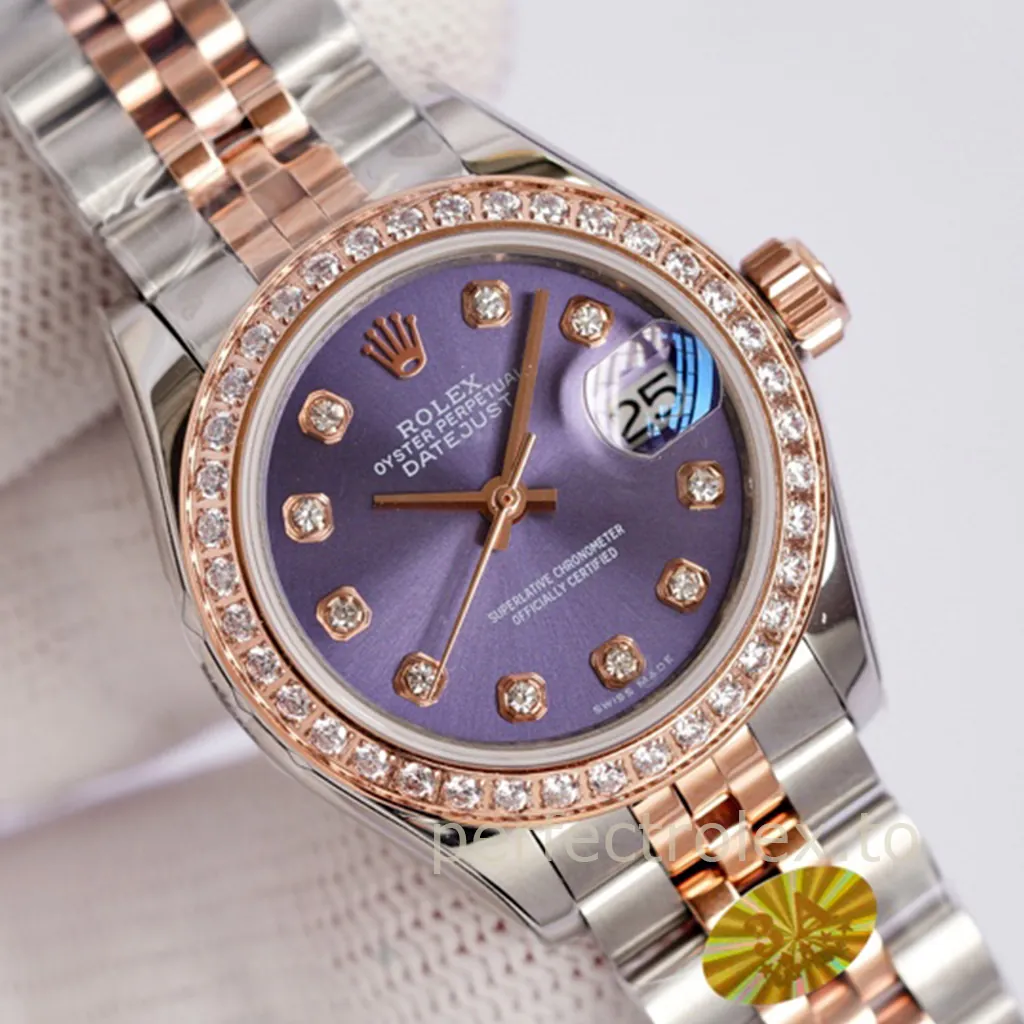 Rolex Datejust ladies watch with purple dial, diamond bezel, rose gold accents, and two-tone Jubilee bracelet.