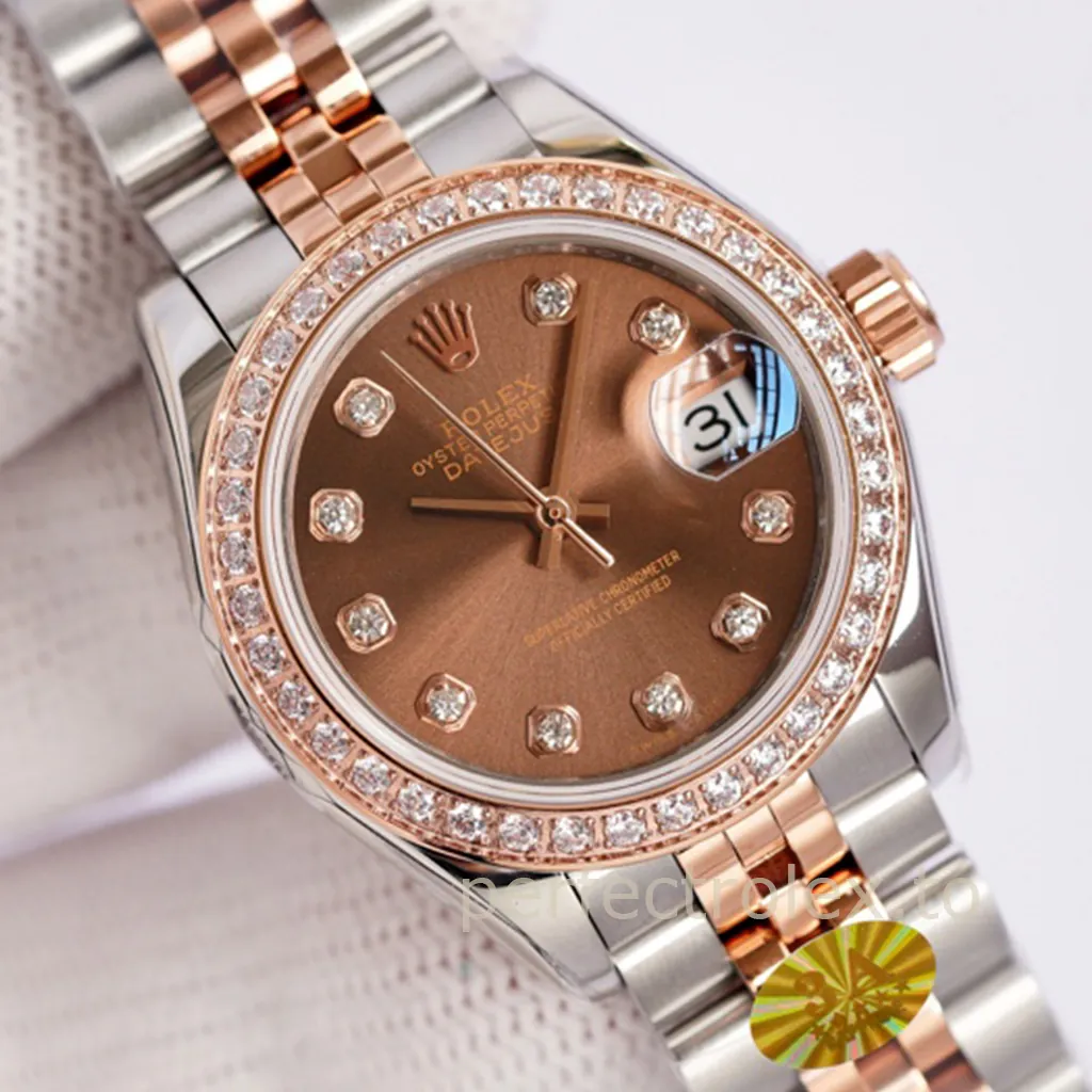 Rolex Datejust ladies watch with chocolate dial, diamond bezel, rose gold accents, and two-tone Jubilee bracelet.