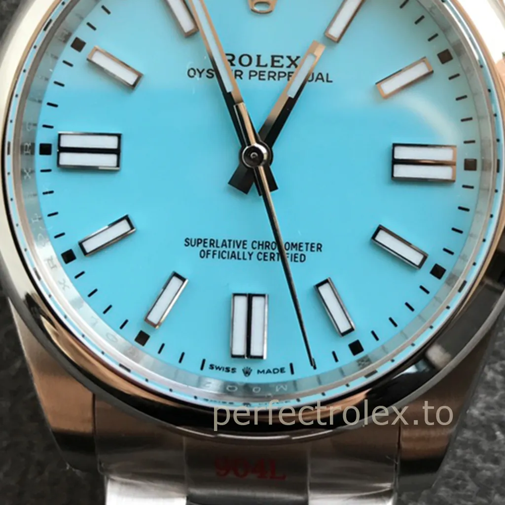 Rolex Oyster Perpetual turquoise blue dial watch close-up with Oyster bracelet