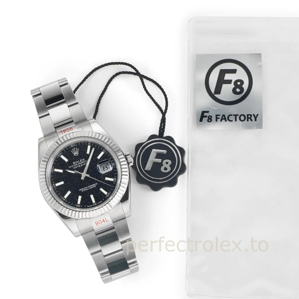 Rolex Datejust black dial watch with fluted bezel, Oyster bracelet and F8 Factory tag