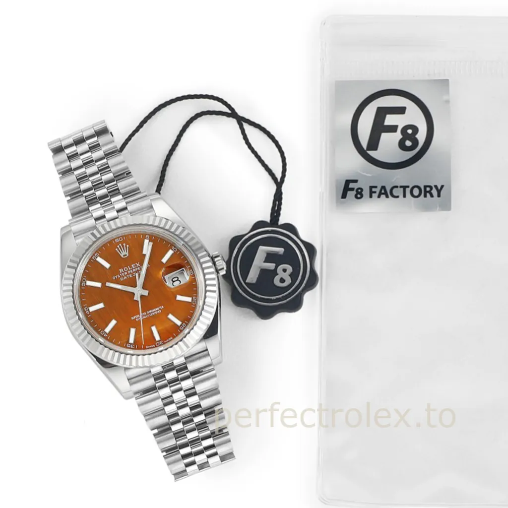 Rolex Datejust orange dial watch with fluted bezel, Jubilee bracelet and F8 Factory tag