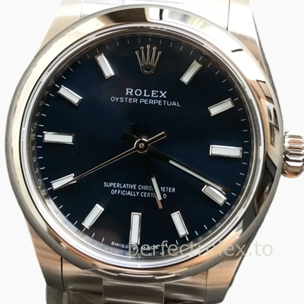 Rolex Oyster Perpetual watch with blue dial, stainless steel case, Oyster bracelet, and baton hour markers close-up