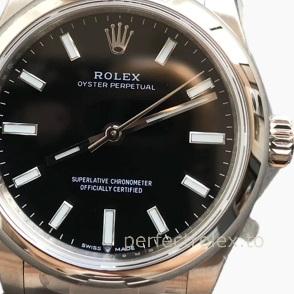 Rolex Oyster Perpetual watch with black dial, stainless steel case, silver bracelet, and baton hour markers close-up