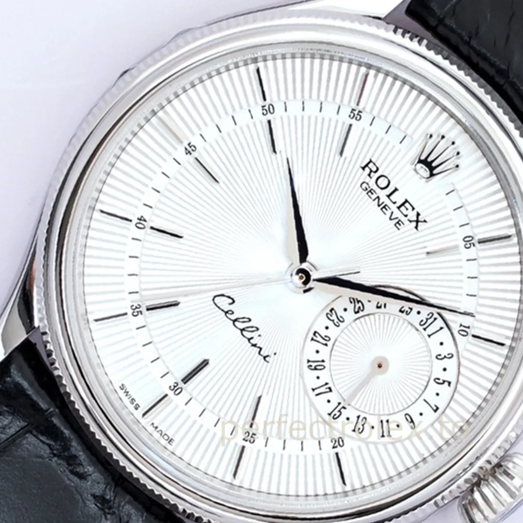 Rolex Cellini Date watch with silver guilloch&eacute; dial, black leather strap, and date subdial close-up