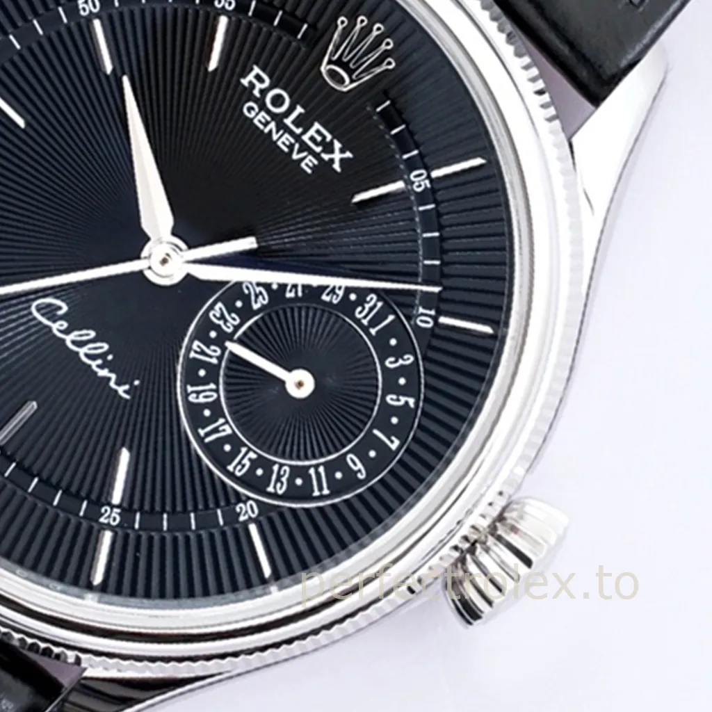 Rolex Cellini Date watch with black guilloch&eacute; dial, silver case, leather strap, and date subdial close-up