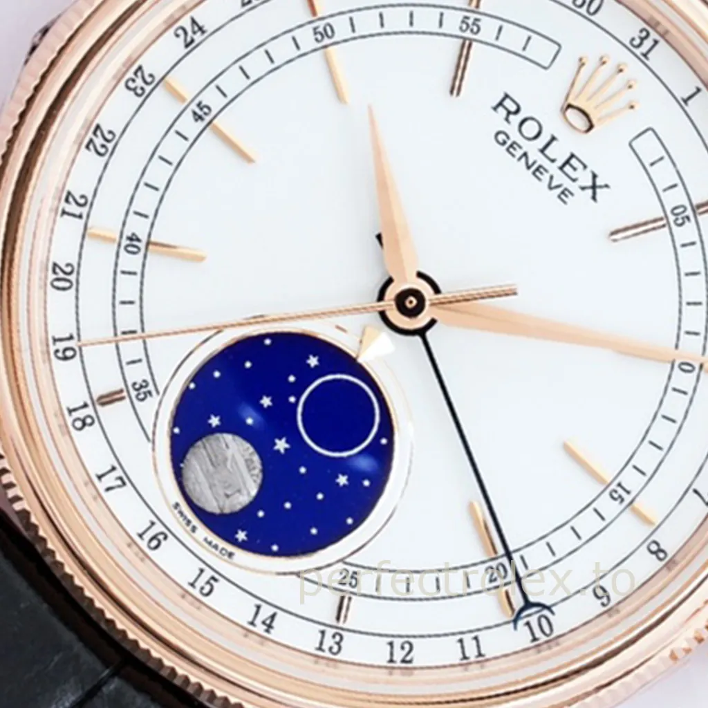 Rolex Cellini Moonphase watch with white dial, rose gold case, moonphase display, and leather strap close-up