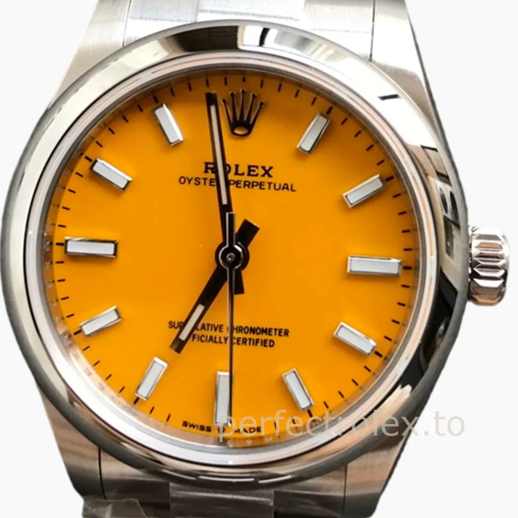 Rolex Oyster Perpetual watch with yellow dial, stainless steel case, Oyster bracelet, and baton hour markers close-up