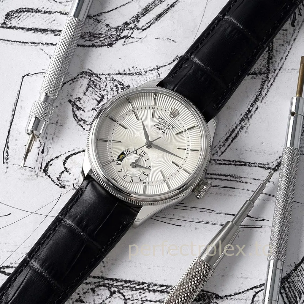 Rolex Cellini Dual Time watch with silver guilloch&eacute; dial, black leather strap, subdial display, and watchmaking tools background