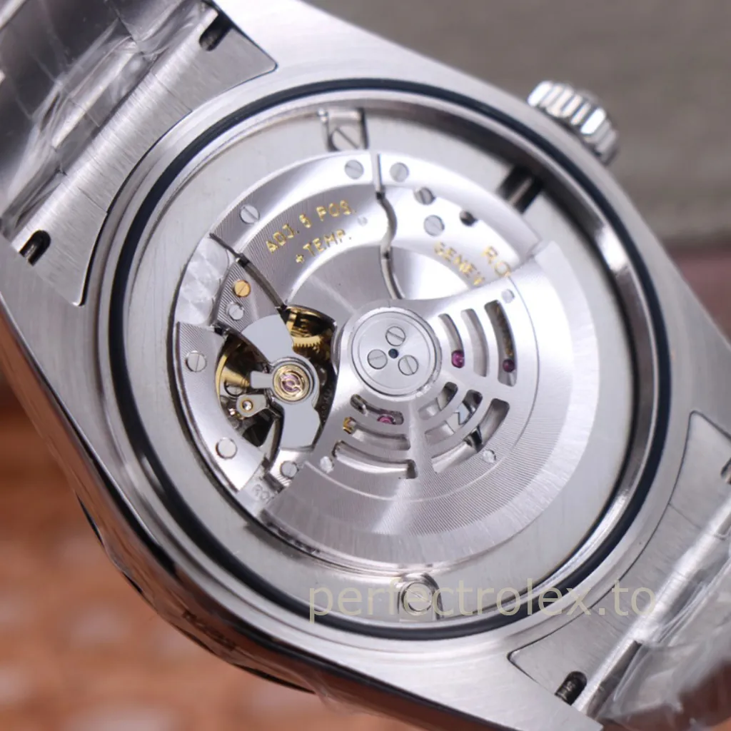 Rolex Sky-Dweller watch caseback with visible automatic movement, stainless steel bracelet, rotor, and mechanical details close-up