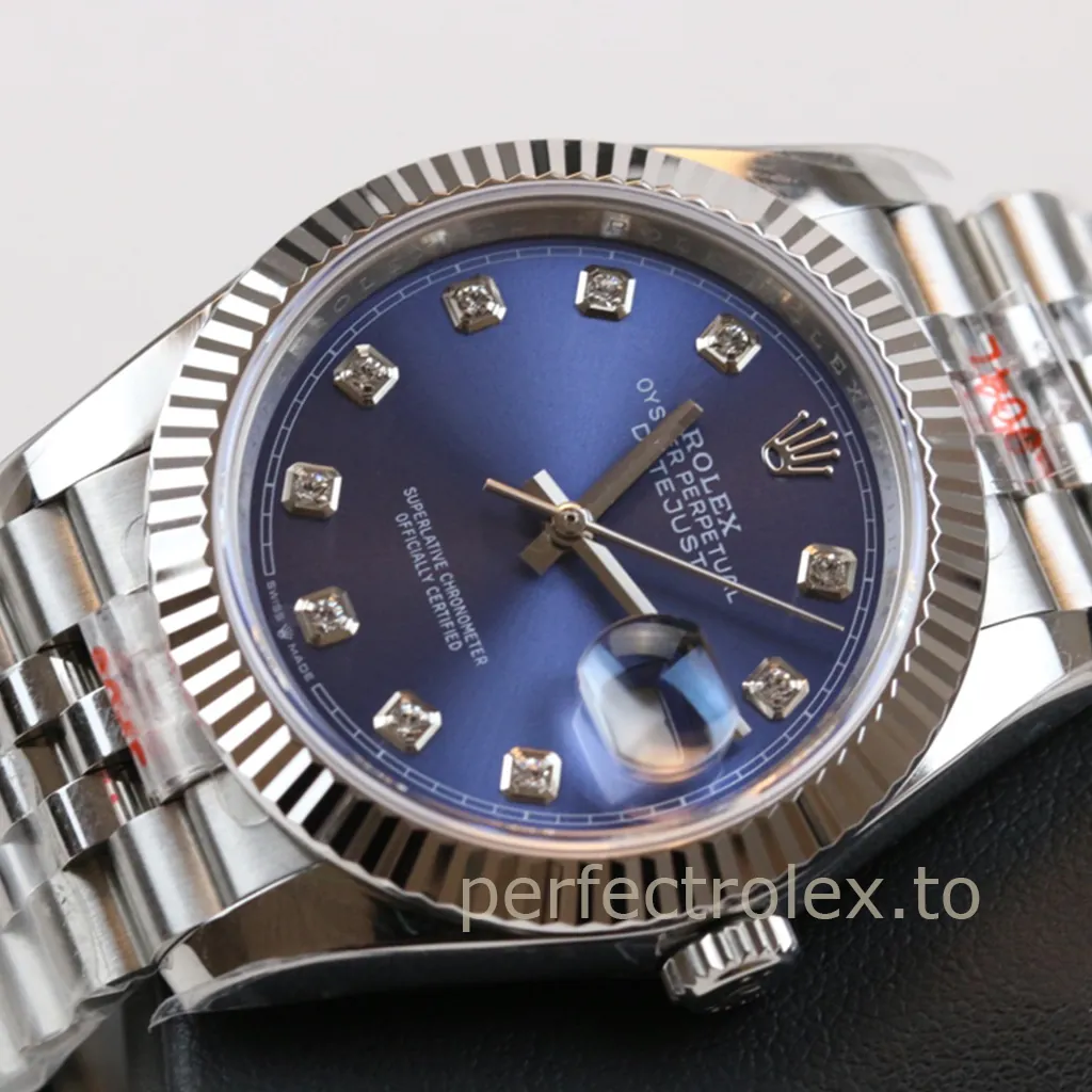 Rolex Datejust watch with blue dial, diamond hour markers, fluted bezel, Jubilee bracelet, and magnified date window close-up