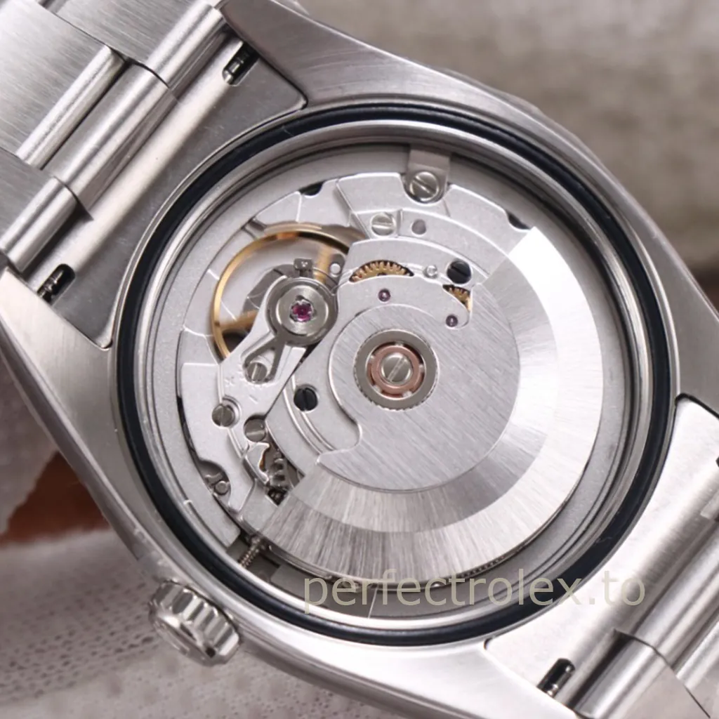 Rolex Oyster Perpetual 36 watch caseback with visible automatic movement, stainless steel case, rotor, and bracelet close-up