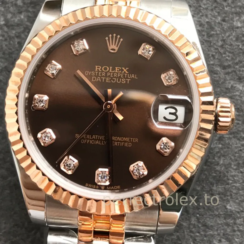 Rolex Oyster Perpetual Datejust chocolate diamond dial watch with rose gold fluted bezel and Cyclops date window