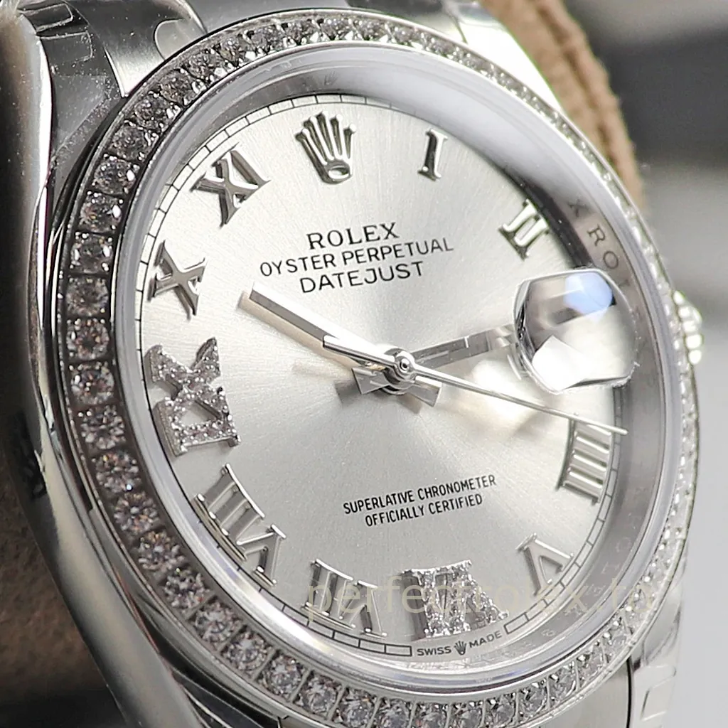 Rolex Oyster Perpetual Datejust silver Roman numeral dial watch with diamond bezel and Cyclops date window
