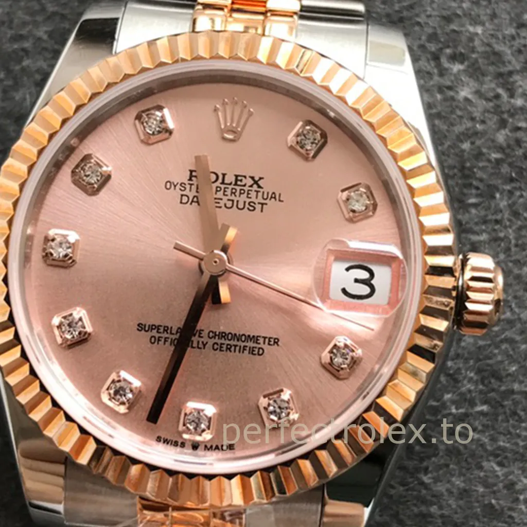 Rolex Oyster Perpetual Datejust pink diamond dial watch with rose gold fluted bezel, Cyclops date window and two-tone Jubilee bracelet