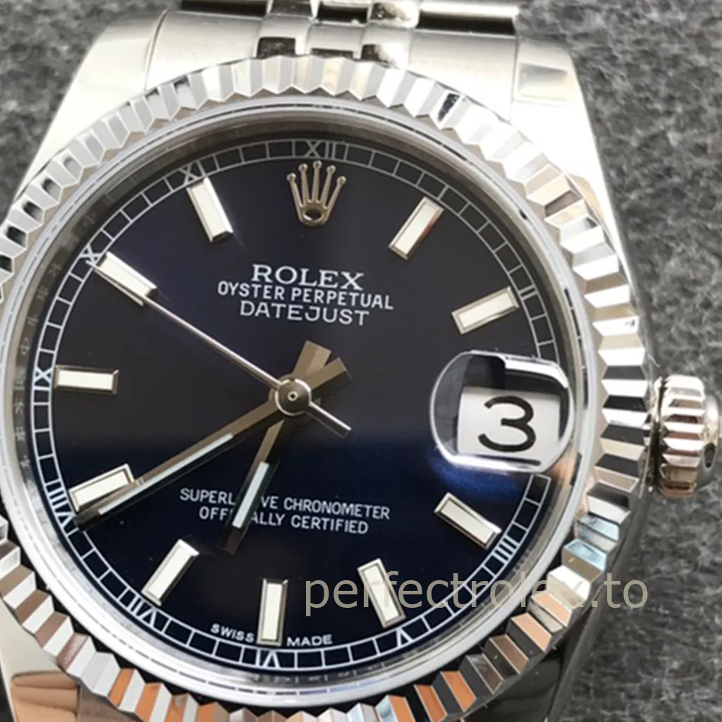 Rolex Oyster Perpetual Datejust black dial watch with fluted bezel, Cyclops date window and stainless steel bracelet