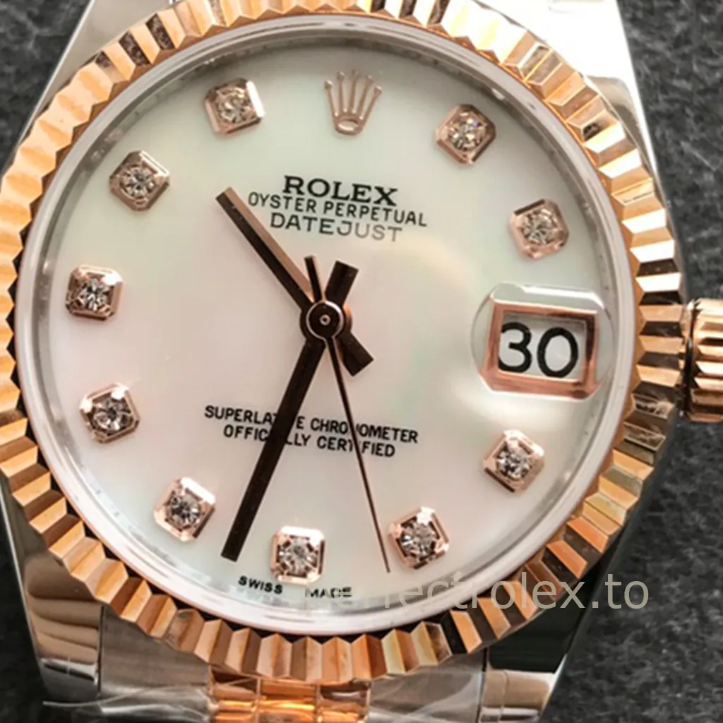 Rolex Oyster Perpetual Datejust mother of pearl diamond dial watch with rose gold fluted bezel and Cyclops date window