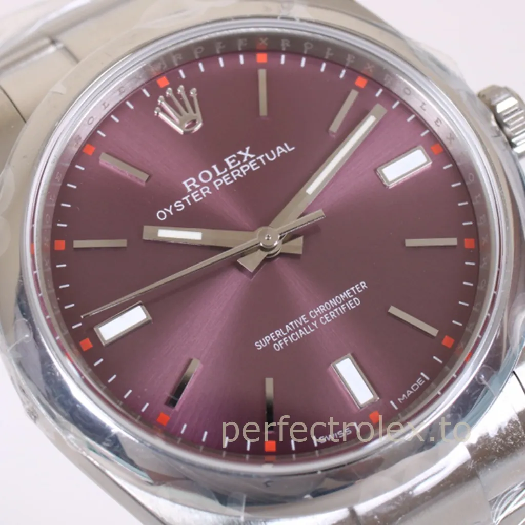 Rolex Oyster Perpetual stainless steel watch with a red grape sunburst dial, luminous baton markers, orange accents and polished hands.