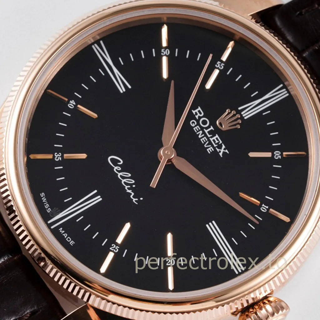 Rolex Cellini Classic rose gold watch with black dial, Roman numeral hour markers, and black leather strap.